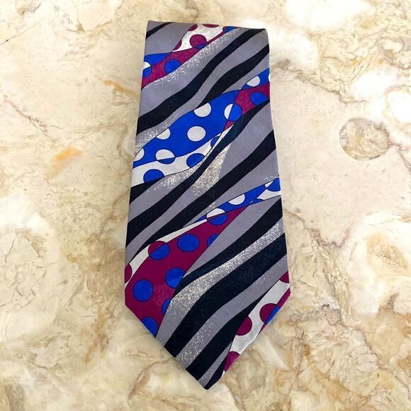 Vintage Pierre Cardin 100% Silk Tie Multi-Colour Stripes & Polka Dots - Picture 2 of 6